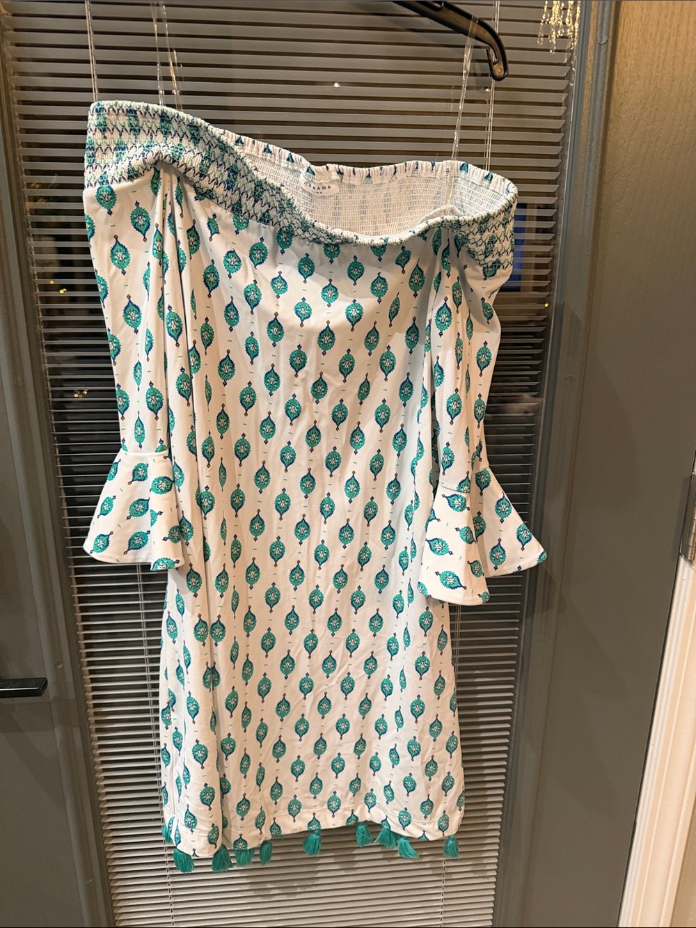 Cabana Life Off-Shoulder White Dress with Teal Print and Tassel Trim
